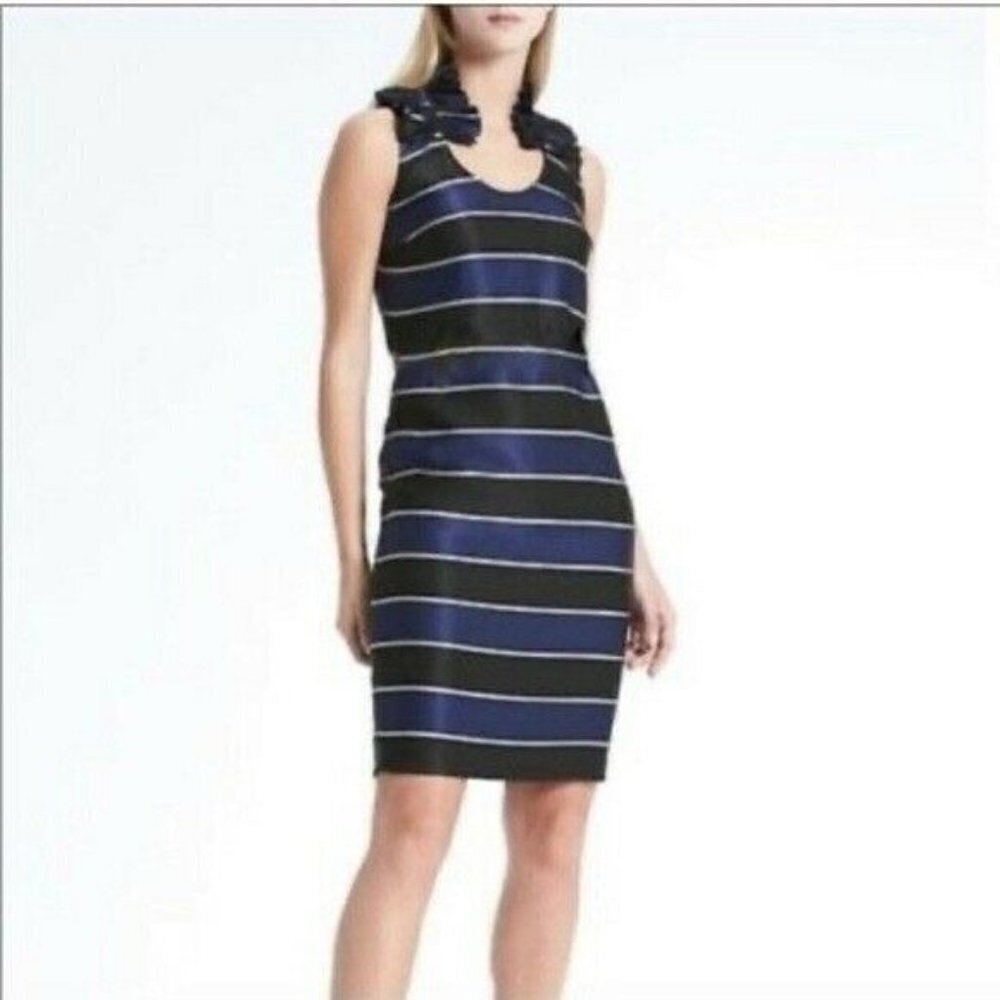 Banana Republic Ruffle Neck Striped Blue Black Sleeveless Shift Dress Size 2
